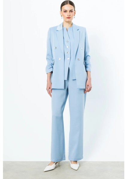 Kolu Büzgülü Süs Düğmeli Ceket Mavı 04262