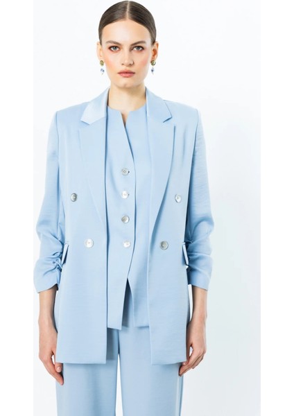 Kolu Büzgülü Süs Düğmeli Ceket Mavı 04262 modelleri
