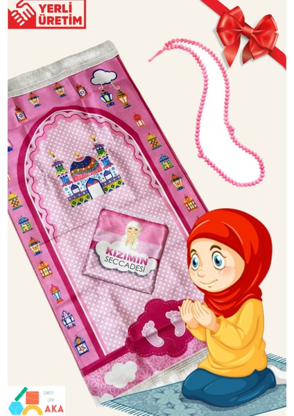 Oğlumun Kızımın Seccadesi Çantalı Çocuk Namazlık Ilk Seccadesi Namaza Alıştırma 45X90CM + Tesbih