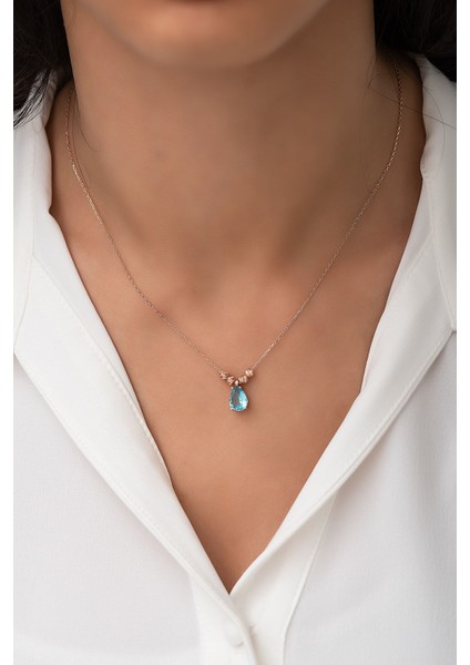 Mavi Damla Kolye Kenarları Çift Dorica Topludur Rose Altın Kaplama 925 Ayar Gümüş fiyatları