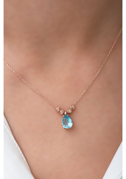 Mavi Damla Kolye Kenarları Çift Dorica Topludur Rose Altın Kaplama 925 Ayar Gümüş modelleri