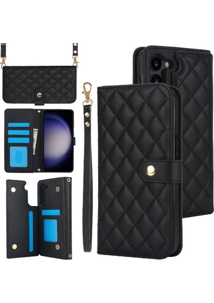 Samsung Galaxy S22 Leather Flip Magnetic Clasp Kickstand Heavy Duty Protective Wallet Phone Case With Card Holder Crossbody Long Wrist Strap (Yurt Dışından)