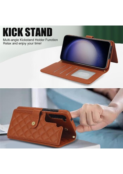 Samsung Galaxy S22 Leather Flip Magnetic Clasp Kickstand Heavy Duty Protective Wallet Phone Case With Card Holder Crossbody Long Wrist Strap (Yurt Dışından) modelleri