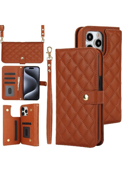 iPhone 13 Pro Leather Flip Magnetic Clasp Kickstand Heavy Duty Protective Wallet Phone Case With Card Holder Crossbody Long Wrist Strap (Yurt Dışından)