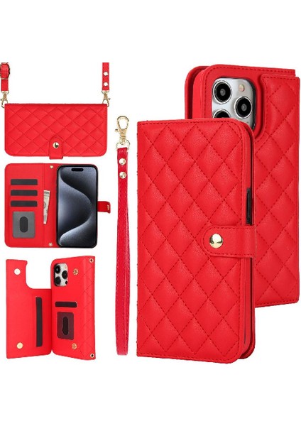 iPhone 13 Pro Leather Flip Magnetic Clasp Kickstand Heavy Duty Protective Wallet Phone Case With Card Holder Crossbody Long Wrist Strap (Yurt Dışından)