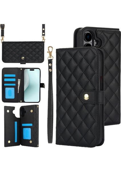 iPhone 16 Plus Leather Flip Magnetic Clasp Kickstand Heavy Duty Protective Wallet Phone Case With Card Holder Crossbody Long Wrist Strap (Yurt Dışından)