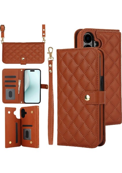 iPhone 16 Plus Leather Flip Magnetic Clasp Kickstand Heavy Duty Protective Wallet Phone Case With Card Holder Crossbody Long Wrist Strap (Yurt Dışından)