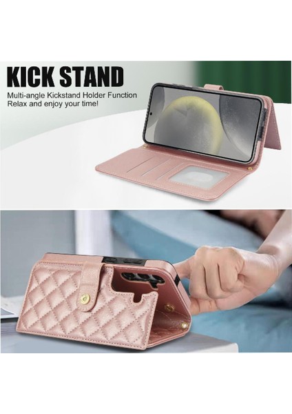 Samsung Galaxy S24 Leather Flip Magnetic Clasp Kickstand Heavy Duty Protective Wallet Phone Case With Card Holder Crossbody Long Wrist Strap (Yurt Dışından) indirimleri