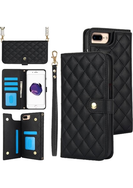 iPhone 7 Plus / 8 Plus Leather Flip Magnetic Clasp Kickstand Heavy Duty Protective Wallet Phone Case With Card Holder Crossbody Long Wrist Strap (Yurt Dışından)