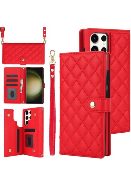 Samsung Galaxy S23 Ultra Leather Flip Magnetic Clasp Kickstand Heavy Duty Protective Wallet Phone Case With Card Holder Crossbody Long Wrist Strap (Yurt Dışından)