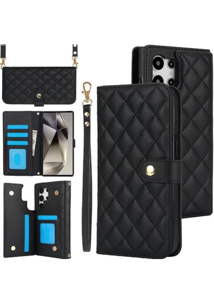 Samsung Galaxy S24 Ultra Leather Flip Magnetic Clasp Kickstand Heavy Duty Protective Wallet Phone Case With Card Holder Crossbody Long Wrist Strap (Yurt Dışından)