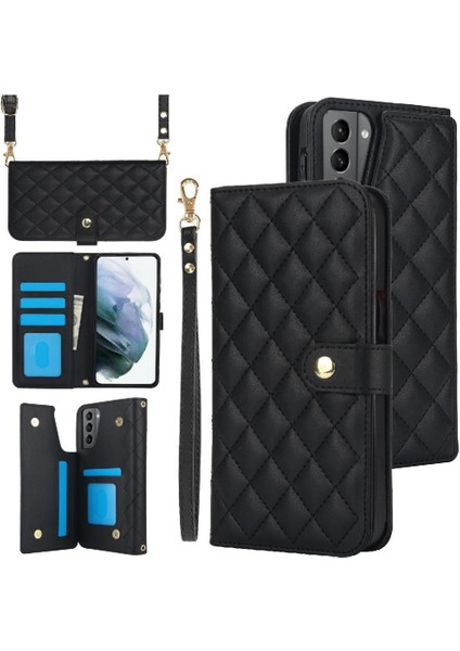 Samsung Galaxy S21 Plus Leather Flip Magnetic Clasp Kickstand Heavy Duty Protective Wallet Phone Case With Card Holder Crossbody Long Wrist Strap (Yurt Dışından)