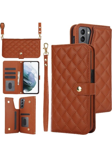 Samsung Galaxy S21 Plus Leather Flip Magnetic Clasp Kickstand Heavy Duty Protective Wallet Phone Case With Card Holder Crossbody Long Wrist Strap (Yurt Dışından)