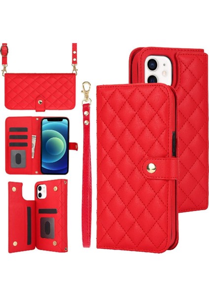 iPhone 12/12 Pro Leather Flip Magnetic Clasp Kickstand Heavy Duty Protective Wallet Phone Case With Card Holder Crossbody Long Wrist Strap (Yurt Dışından)
