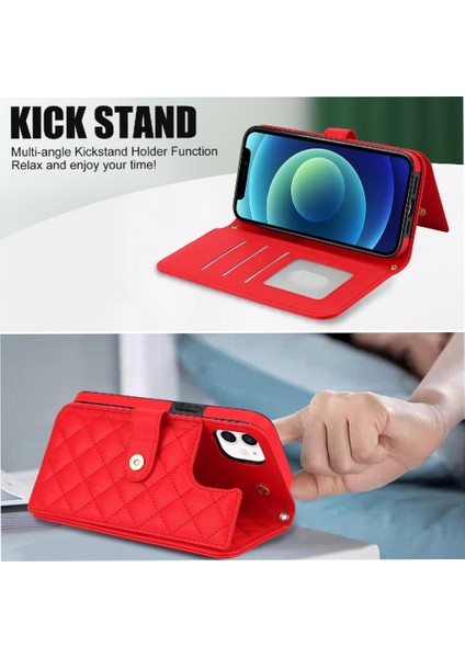 iPhone 12/12 Pro Leather Flip Magnetic Clasp Kickstand Heavy Duty Protective Wallet Phone Case With Card Holder Crossbody Long Wrist Strap (Yurt Dışından) modelleri