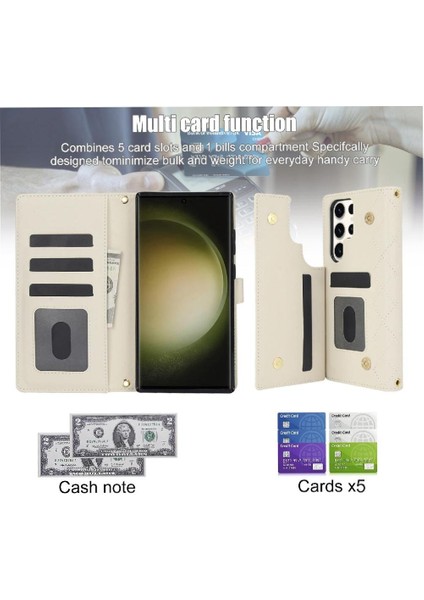 Samsung Galaxy S23 Ultra Leather Flip Magnetic Clasp Kickstand Heavy Duty Protective Wallet Phone Case With Card Holder Crossbody Long Wrist Strap (Yurt Dışından) modelleri