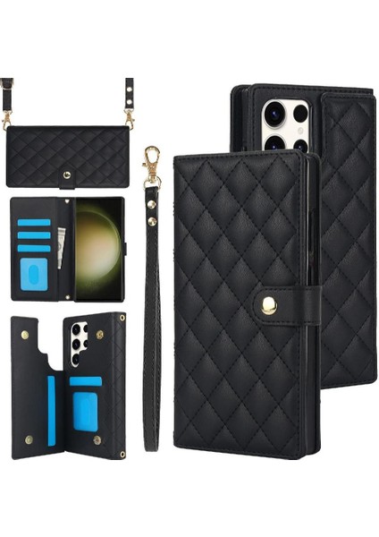 Samsung Galaxy S23 Ultra Leather Flip Magnetic Clasp Kickstand Heavy Duty Protective Wallet Phone Case With Card Holder Crossbody Long Wrist Strap (Yurt Dışından)