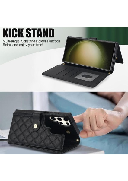 Samsung Galaxy S23 Ultra Leather Flip Magnetic Clasp Kickstand Heavy Duty Protective Wallet Phone Case With Card Holder Crossbody Long Wrist Strap (Yurt Dışından) indirimleri