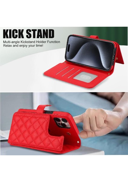 iPhone 15 Pro Max Leather Flip Magnetic Clasp Kickstand Heavy Duty Protective Wallet Phone Case With Card Holder Crossbody Long Wrist Strap (Yurt Dışından) indirimleri