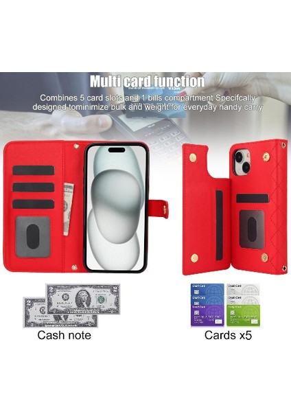 iPhone 15 Pro Leather Flip Magnetic Clasp Kickstand Heavy Duty Protective Wallet Phone Case With Card Holder Crossbody Long Wrist Strap (Yurt Dışından) modelleri