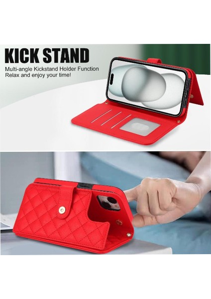 iPhone 15 Pro Leather Flip Magnetic Clasp Kickstand Heavy Duty Protective Wallet Phone Case With Card Holder Crossbody Long Wrist Strap (Yurt Dışından) indirimleri