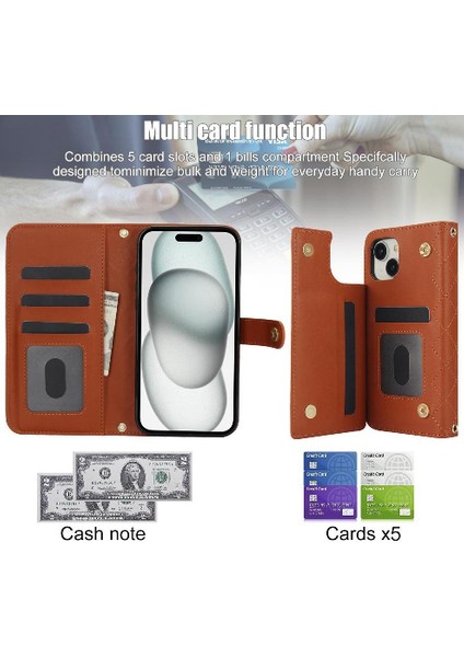 iPhone 15 Pro Leather Flip Magnetic Clasp Kickstand Heavy Duty Protective Wallet Phone Case With Card Holder Crossbody Long Wrist Strap (Yurt Dışından) modelleri