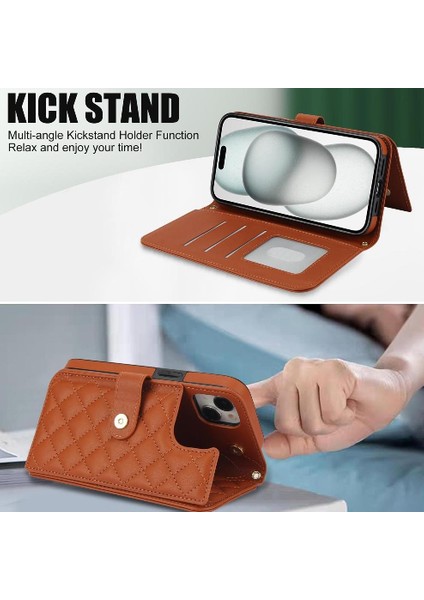 iPhone 15 Pro Leather Flip Magnetic Clasp Kickstand Heavy Duty Protective Wallet Phone Case With Card Holder Crossbody Long Wrist Strap (Yurt Dışından) indirimleri