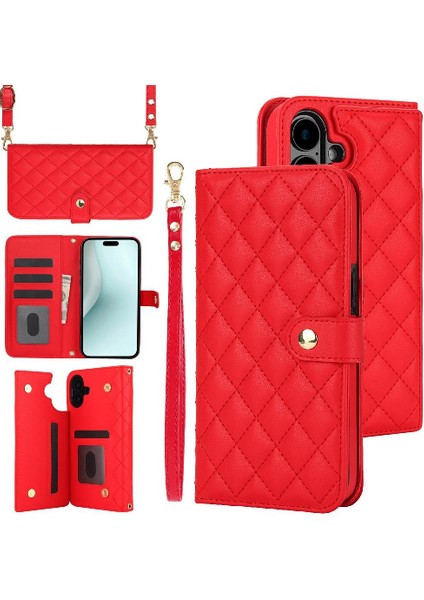 iPhone 16 Leather Flip Magnetic Clasp Kickstand Heavy Duty Protective Wallet Phone Case With Card Holder Crossbody Long Wrist Strap (Yurt Dışından)