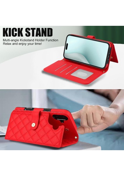 iPhone 16 Leather Flip Magnetic Clasp Kickstand Heavy Duty Protective Wallet Phone Case With Card Holder Crossbody Long Wrist Strap (Yurt Dışından) modelleri