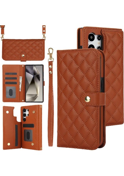 Samsung Galaxy S24 Ultra Leather Flip Magnetic Clasp Kickstand Heavy Duty Protective Wallet Phone Case With Card Holder Crossbody Long Wrist Strap (Yurt Dışından)