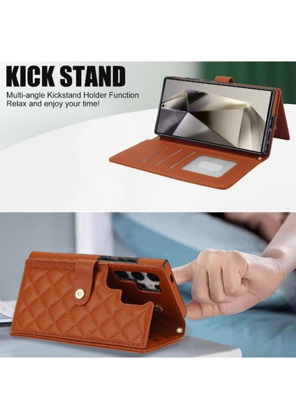 Samsung Galaxy S24 Ultra Leather Flip Magnetic Clasp Kickstand Heavy Duty Protective Wallet Phone Case With Card Holder Crossbody Long Wrist Strap (Yurt Dışından) modelleri