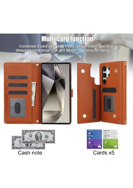 Samsung Galaxy S24 Ultra Leather Flip Magnetic Clasp Kickstand Heavy Duty Protective Wallet Phone Case With Card Holder Crossbody Long Wrist Strap (Yurt Dışından) indirimleri