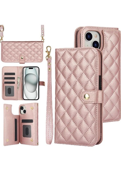 iPhone 15 Pro Leather Flip Magnetic Clasp Kickstand Heavy Duty Protective Wallet Phone Case With Card Holder Crossbody Long Wrist Strap (Yurt Dışından)