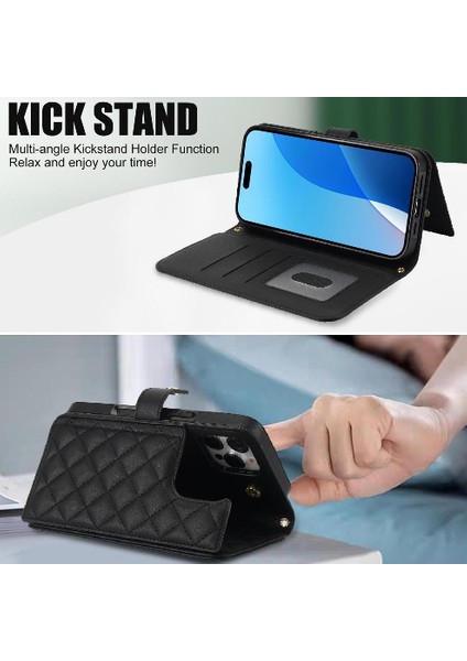 iPhone 16 Pro Leather Flip Magnetic Clasp Kickstand Heavy Duty Protective Wallet Phone Case With Card Holder Crossbody Long Wrist Strap (Yurt Dışından) indirimleri
