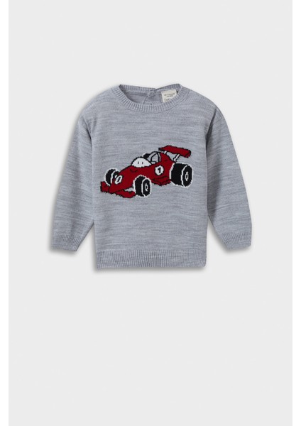 Erkek Bebek Bisiklet Yaka Araba Baskılı Triko Kazak F2586A525WN