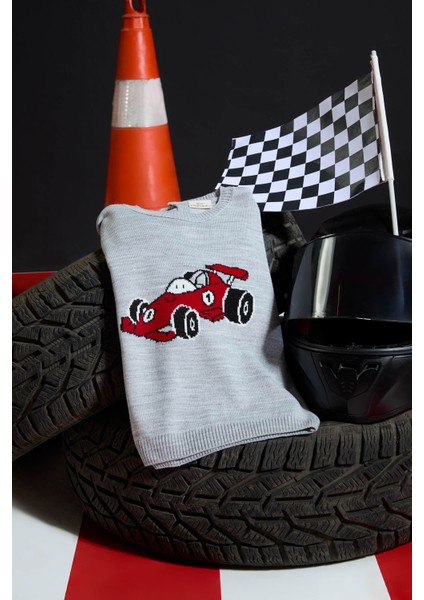 Erkek Bebek Bisiklet Yaka Araba Baskılı Triko Kazak F2586A525WN fırsatları