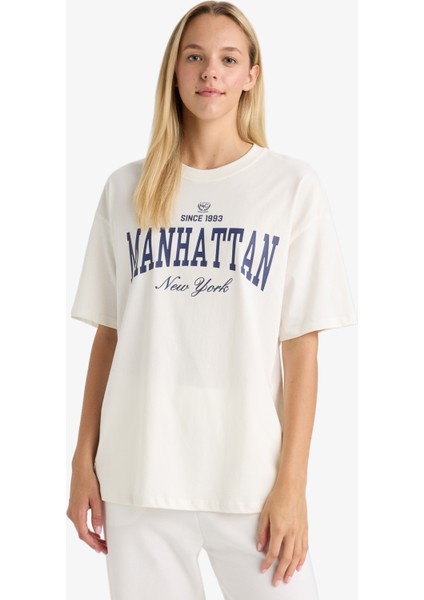 Oversize Geniş Kalıp Bisiklet Yaka Baskılı Kısa Kollu Tişört modelleri