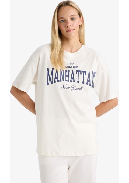 Oversize Geniş Kalıp Bisiklet Yaka Baskılı Kısa Kollu Tişört fırsatları