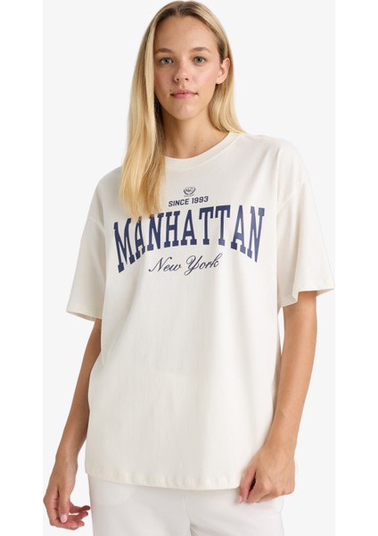 Oversize Geniş Kalıp Bisiklet Yaka Baskılı Kısa Kollu Tişört indirimleri