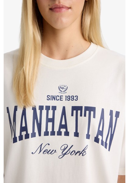 Oversize Geniş Kalıp Bisiklet Yaka Baskılı Kısa Kollu Tişört