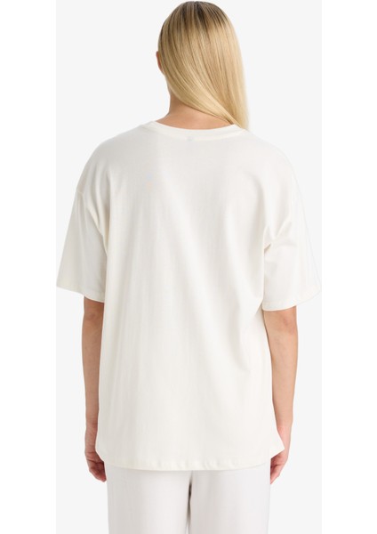 Oversize Geniş Kalıp Bisiklet Yaka Baskılı Kısa Kollu Tişört