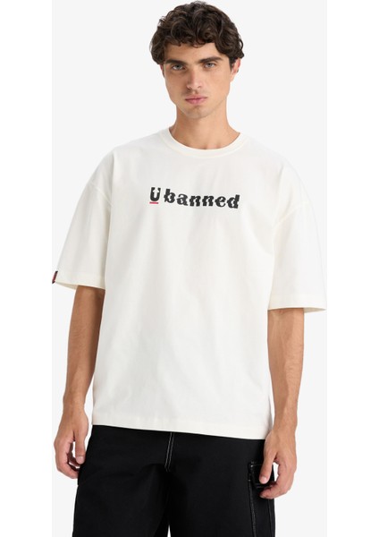 %100 Pamuk Loose Fit Rahat Kesim Bisiklet Yaka Baskılı Kısa Kollu Tişört F5731AX25AU