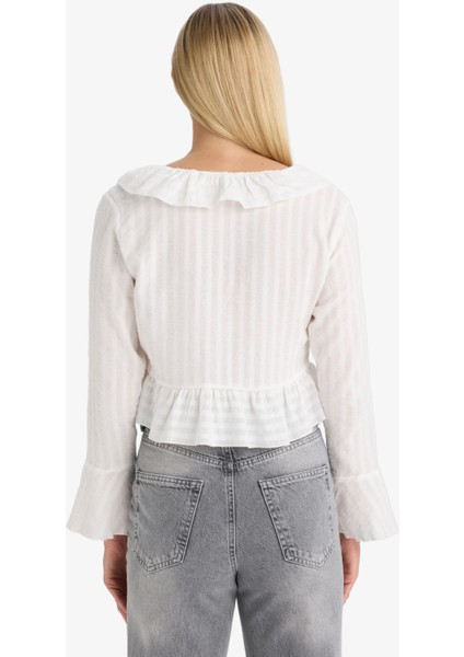 Regular Fit Dokulu Önden Bağlamalı Fırfırlı Uzun Kollu Bluz F7657AX25AU