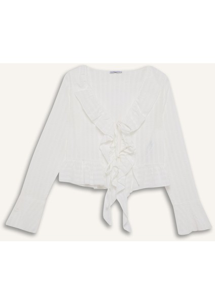 Regular Fit Dokulu Önden Bağlamalı Fırfırlı Uzun Kollu Bluz F7657AX25AU