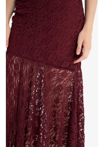 Bodycon Vücudu Saran Askılı Dantel Midi Elbise F7886AX25AU