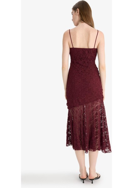 Bodycon Vücudu Saran Askılı Dantel Midi Elbise F7886AX25AU