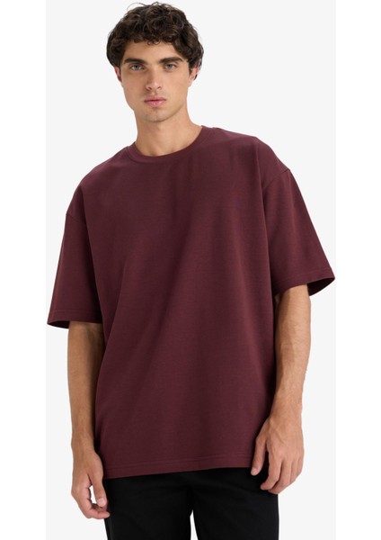 Oversize Geniş Kalıp Bisiklet Yaka Ağır Kumaş Basic Düz Kısa Kollu Tişört E9798AX25AU