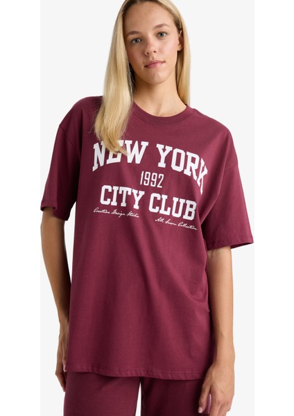 Oversize Geniş Kalıp Bisiklet Yaka Baskılı Kısa Kollu Tişört modelleri