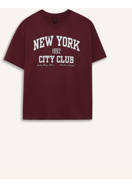 Oversize Geniş Kalıp Bisiklet Yaka Baskılı Kısa Kollu Tişört