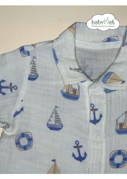 %100 Pamuk Erkek Bebek Müslin Tulum – Denizci Desen, Çıtçıtlı, Yumuşak&Doğal fırsatları